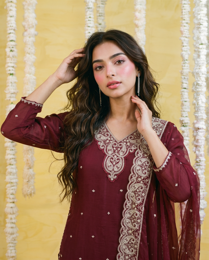 Maroon Embriodered Silk Blended 3/4 Sleeves Kurta Bottom Dupatta Set