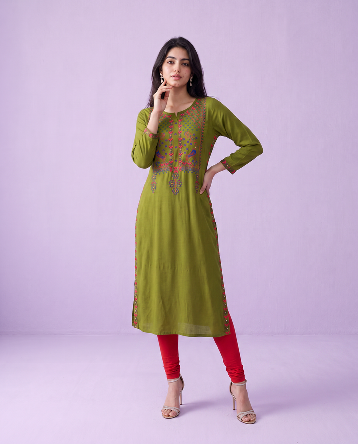 Olive Embroidered Rayon Straight Cut Long Kurta