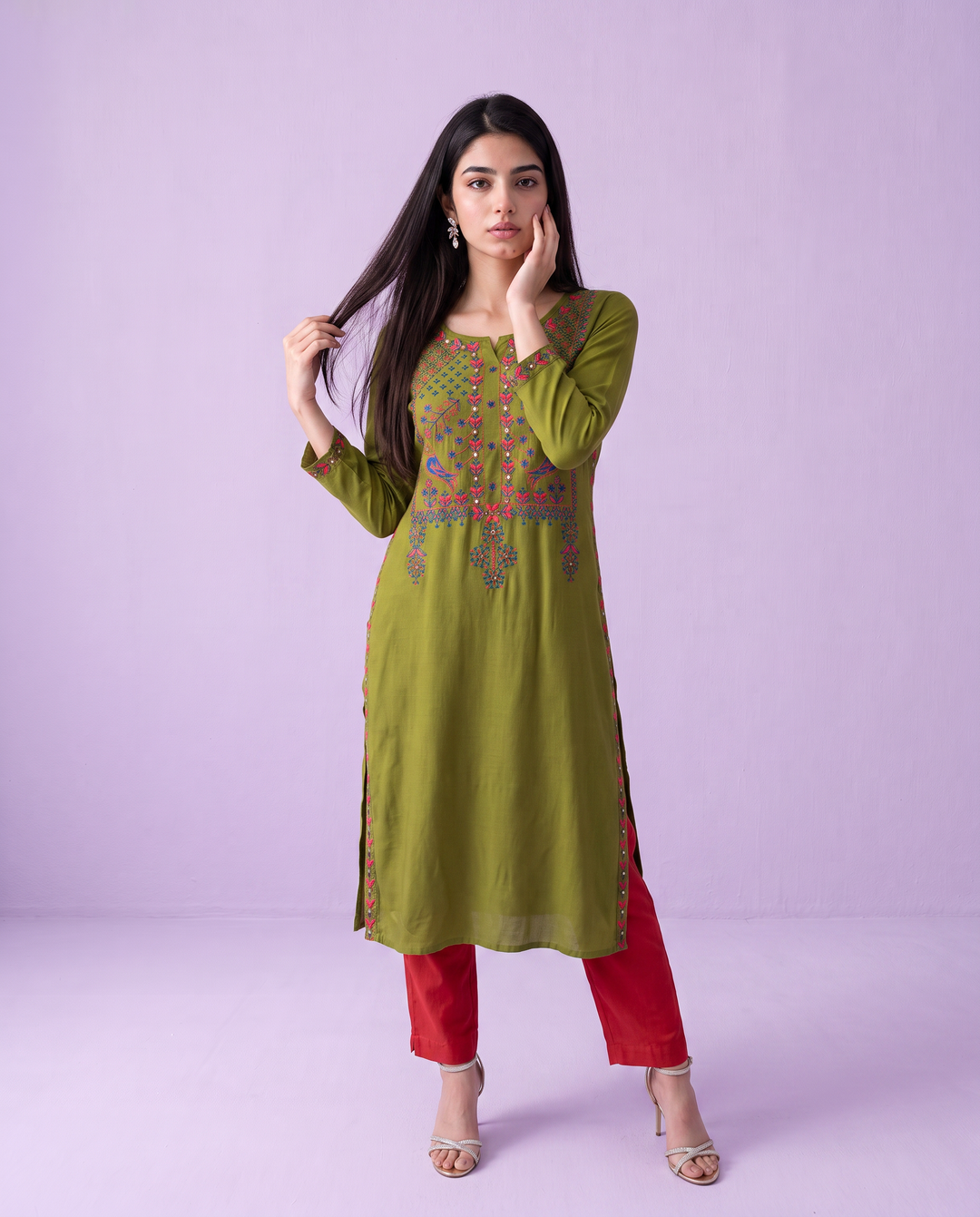 Olive Embroidered Rayon Straight Cut Long Kurta