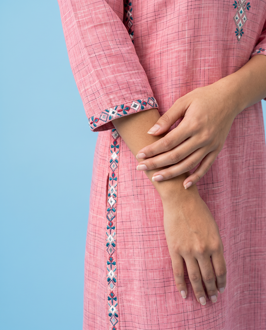 Pink Embroidered Cotton Straight cut Long Kurta