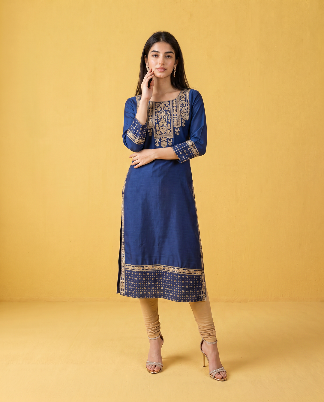 Navy Embroidered Viscose Blended Straight cut Long Kurta