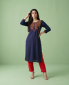 Navy Embroidered Rayon Straight Cut Long Kurta