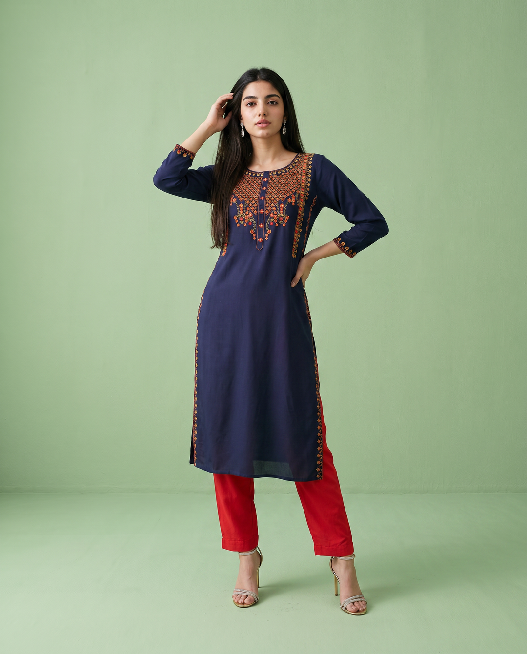 Navy Embroidered Rayon Straight Cut Long Kurta