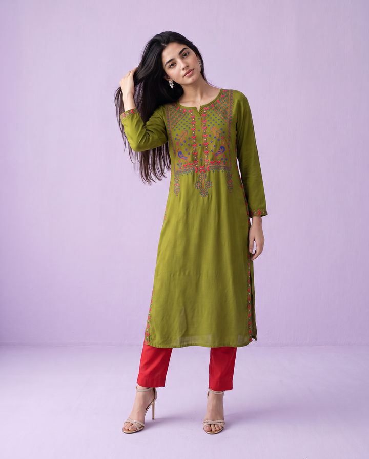 Olive Embroidered Rayon Straight Cut Long Kurta