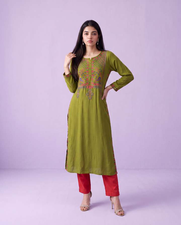 Olive Embroidered Rayon Straight Cut Long Kurta