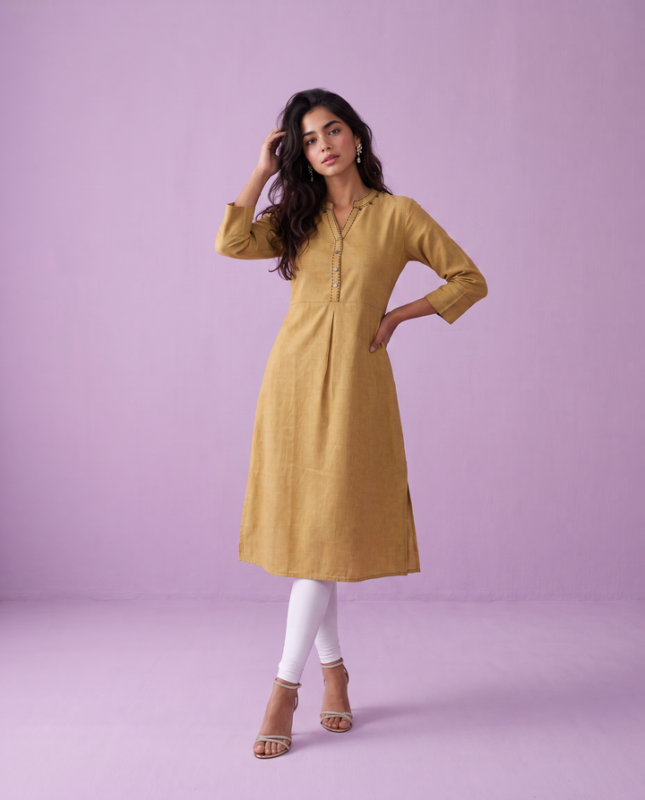 Beige Solid Rayon Blended Straight cut Long Kurta