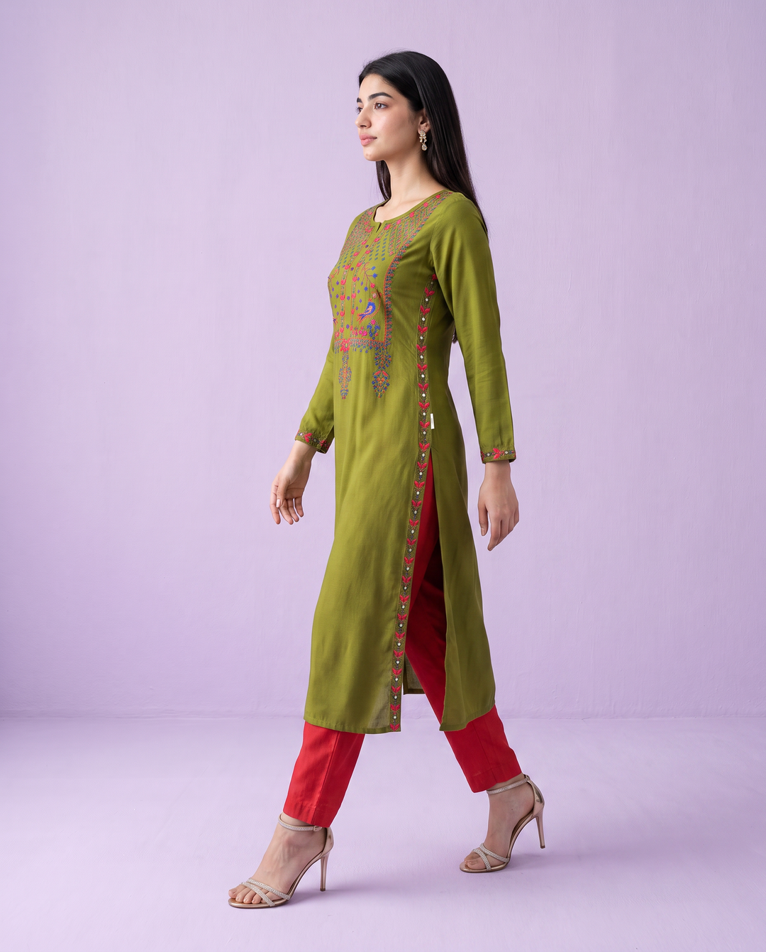 Olive Embroidered Rayon Straight Cut Long Kurta