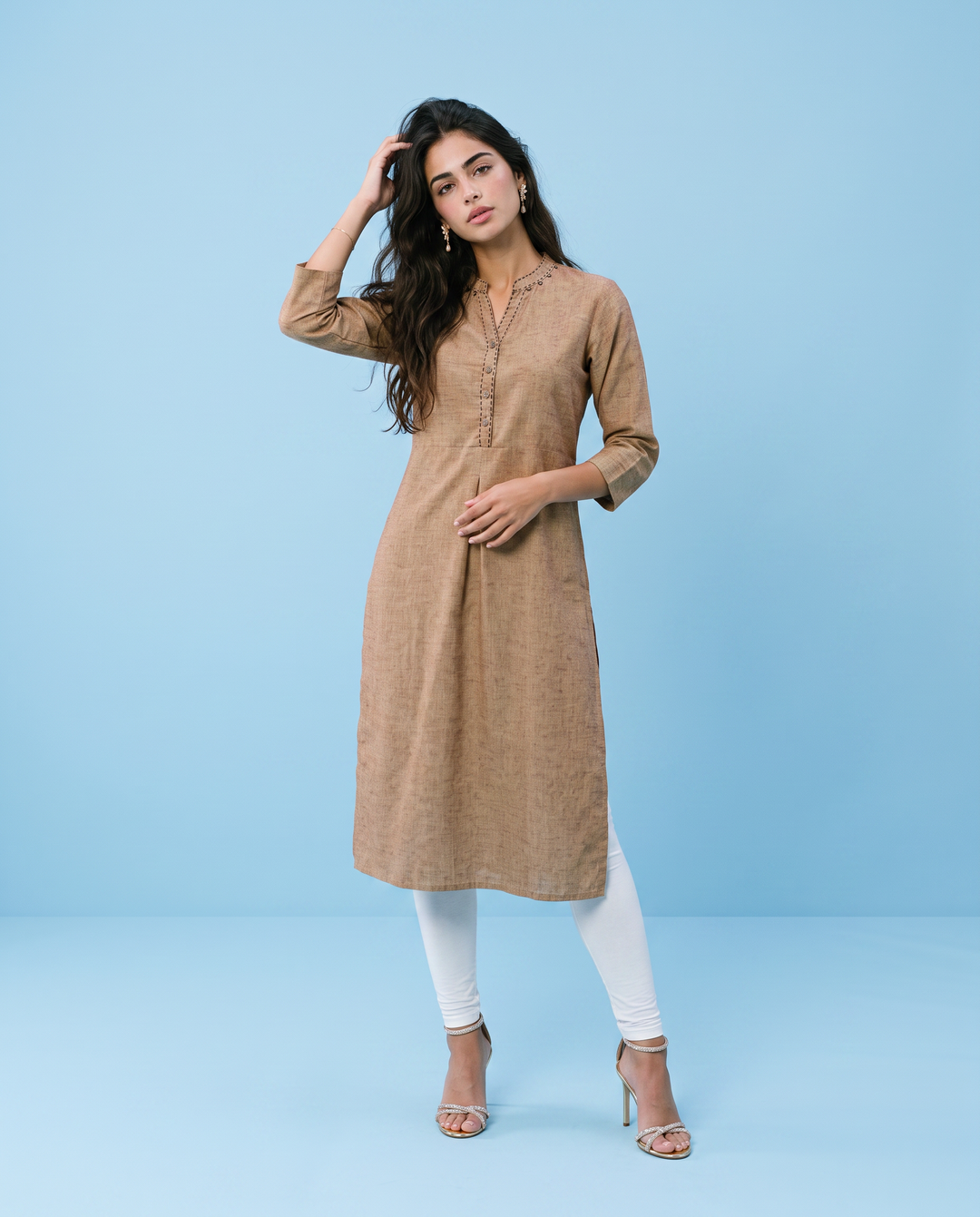 Brown Solid Rayon Blended Straight cut Long Kurta