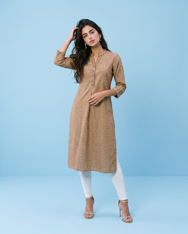 Brown Solid Rayon Blended Straight cut Long Kurta