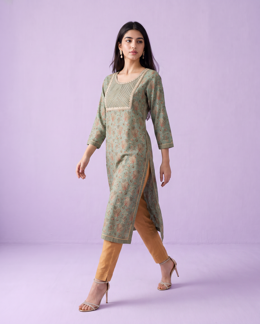 Green Printed Viscose Blended Straight cut Long Kurta