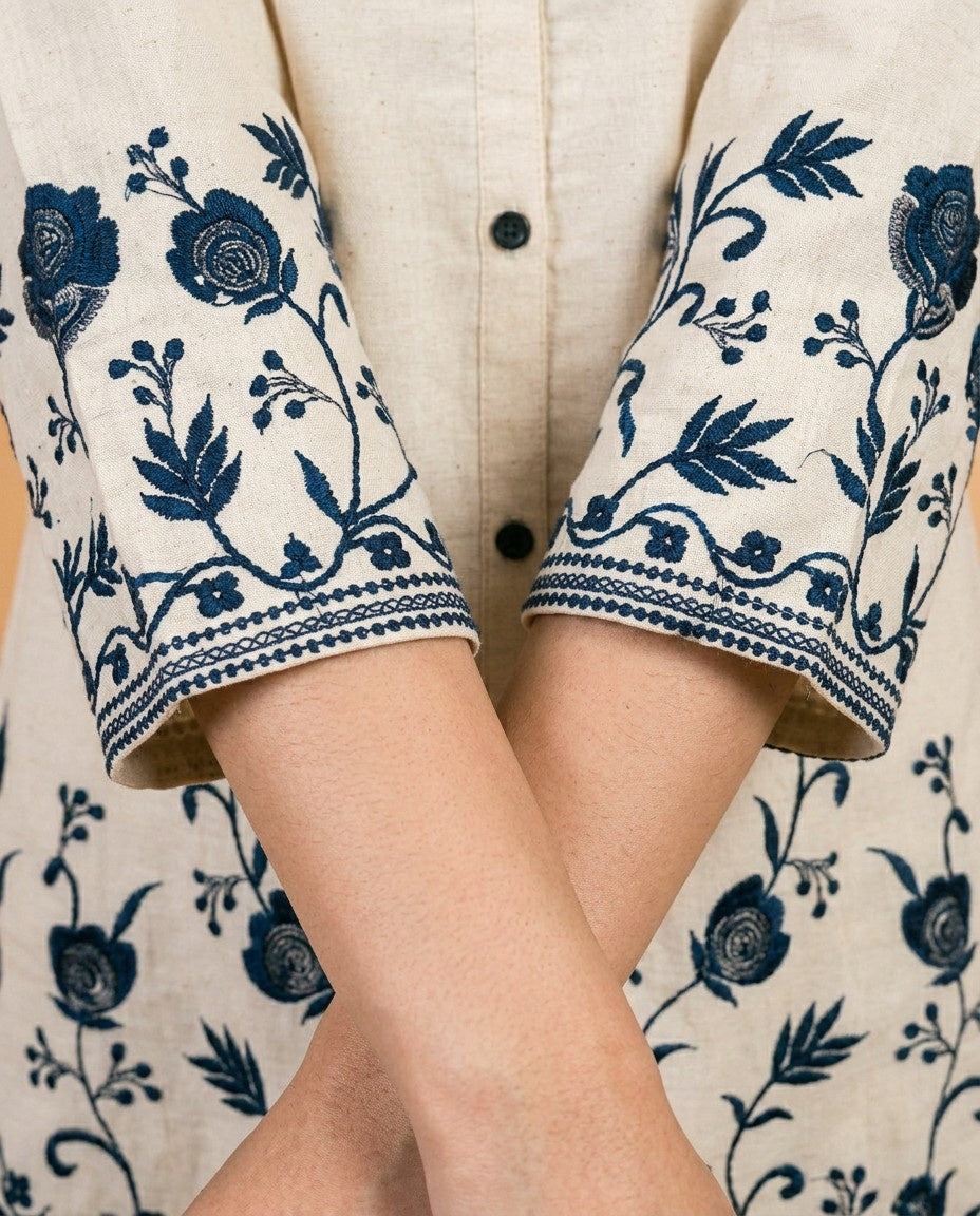 Cream &amp; Blue Embroidered Cotton Co-Ord Set