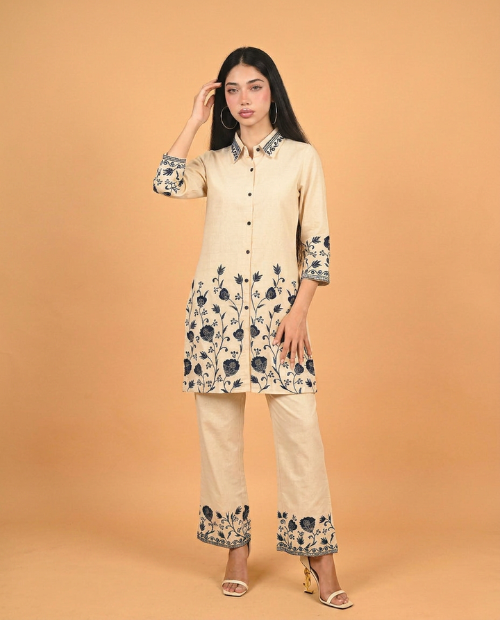 Cream &amp; Blue Embroidered Cotton Co-Ord Set