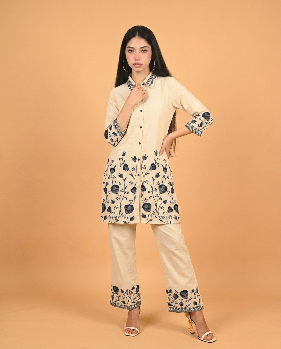 Cream &amp; Blue Embroidered Cotton Co-Ord Set