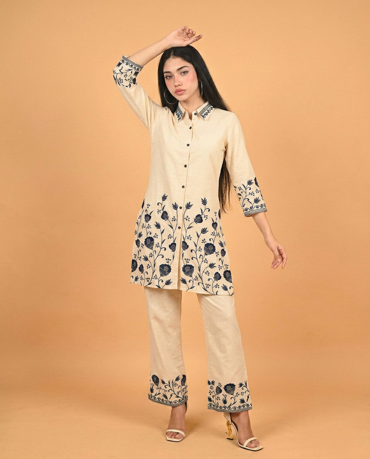 Cream &amp; Blue Embroidered Cotton Co-Ord Set