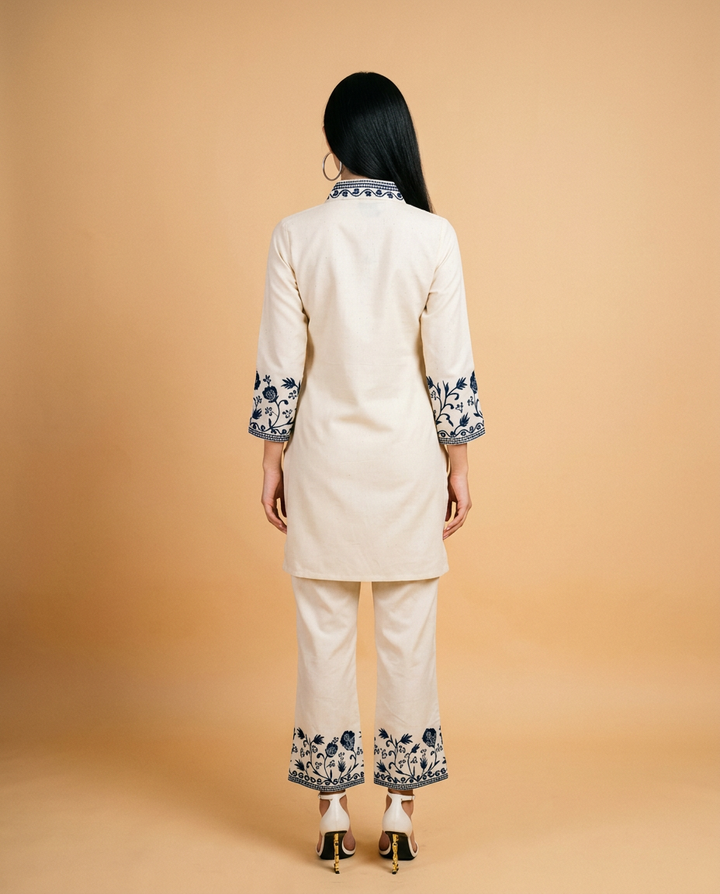 Cream &amp; Blue Embroidered Cotton Co-Ord Set