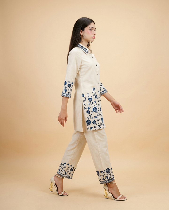 Cream &amp; Blue Embroidered Cotton Co-Ord Set
