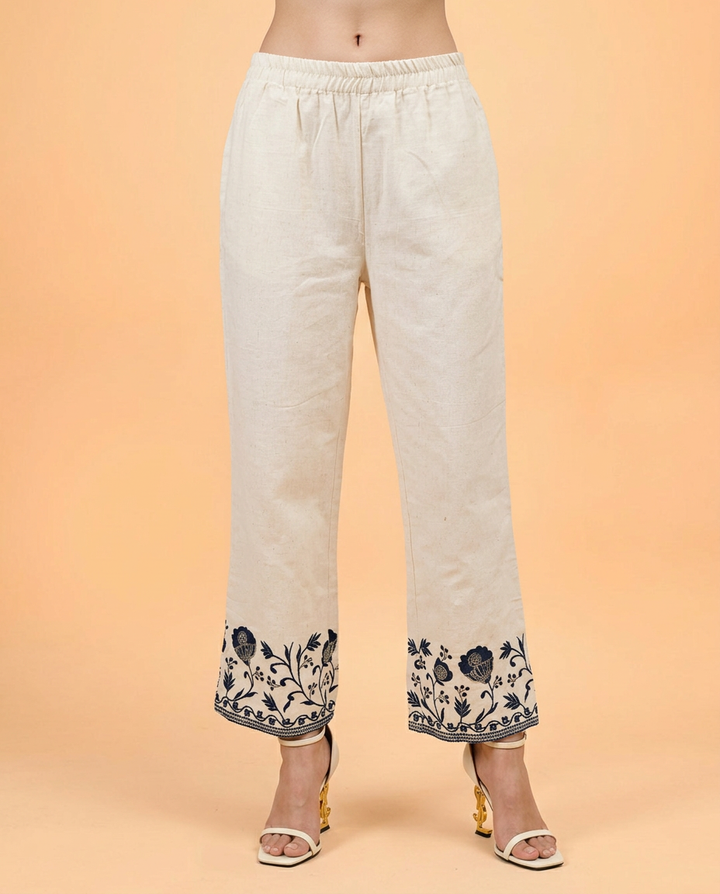 Cream &amp; Blue Embroidered Cotton Co-Ord Set