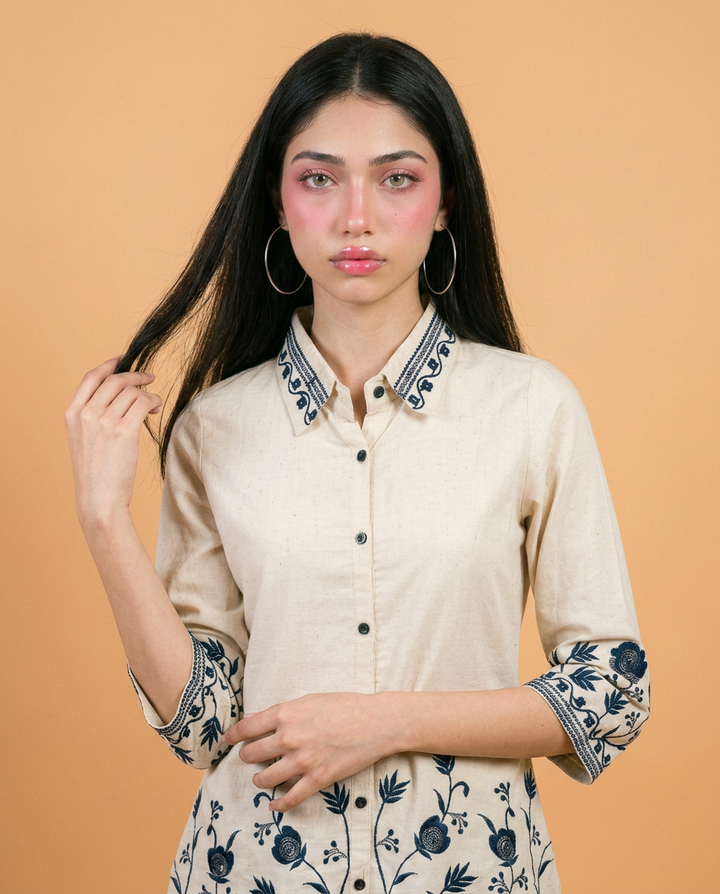 Cream &amp; Blue Embroidered Cotton Co-Ord Set