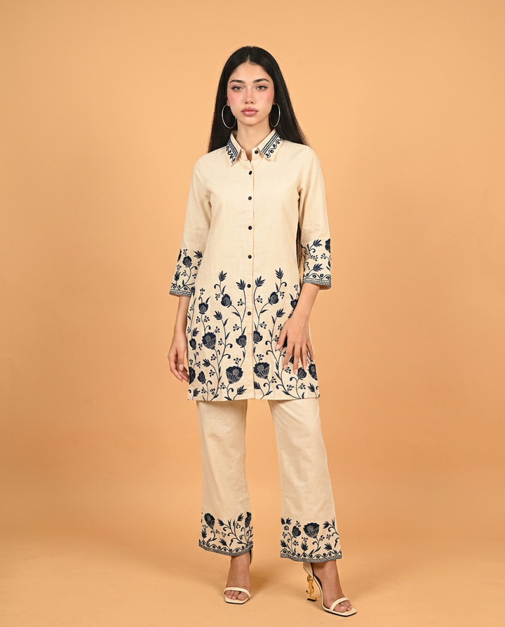 Cream &amp; Blue Embroidered Cotton Co-Ord Set