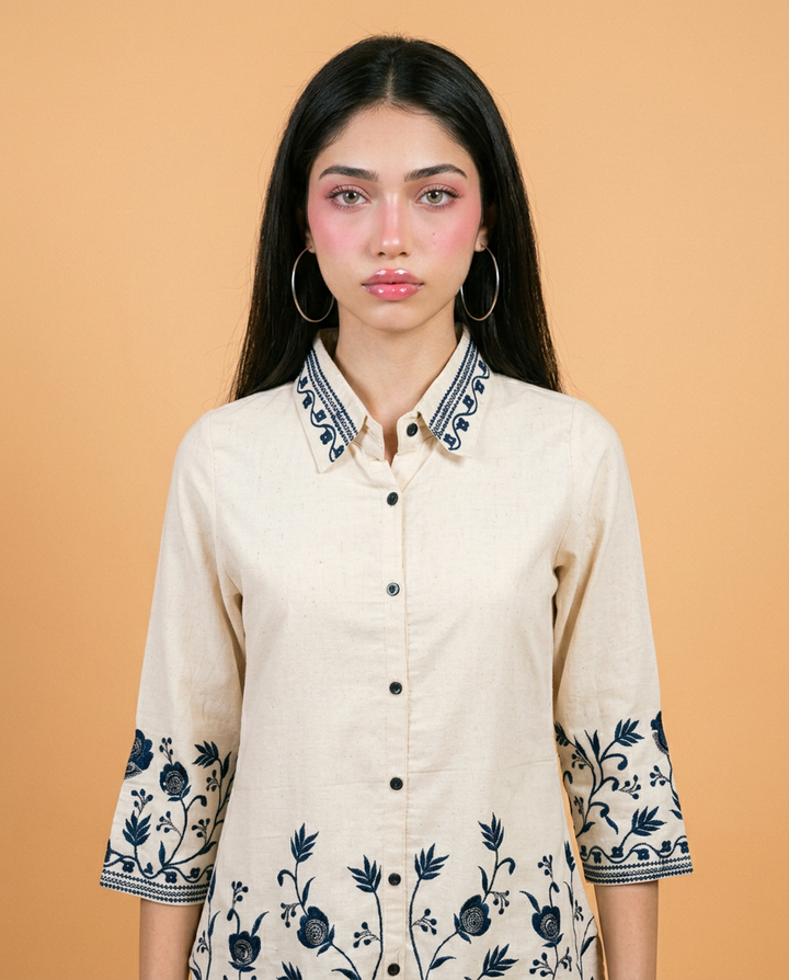 Cream &amp; Blue Embroidered Cotton Co-Ord Set