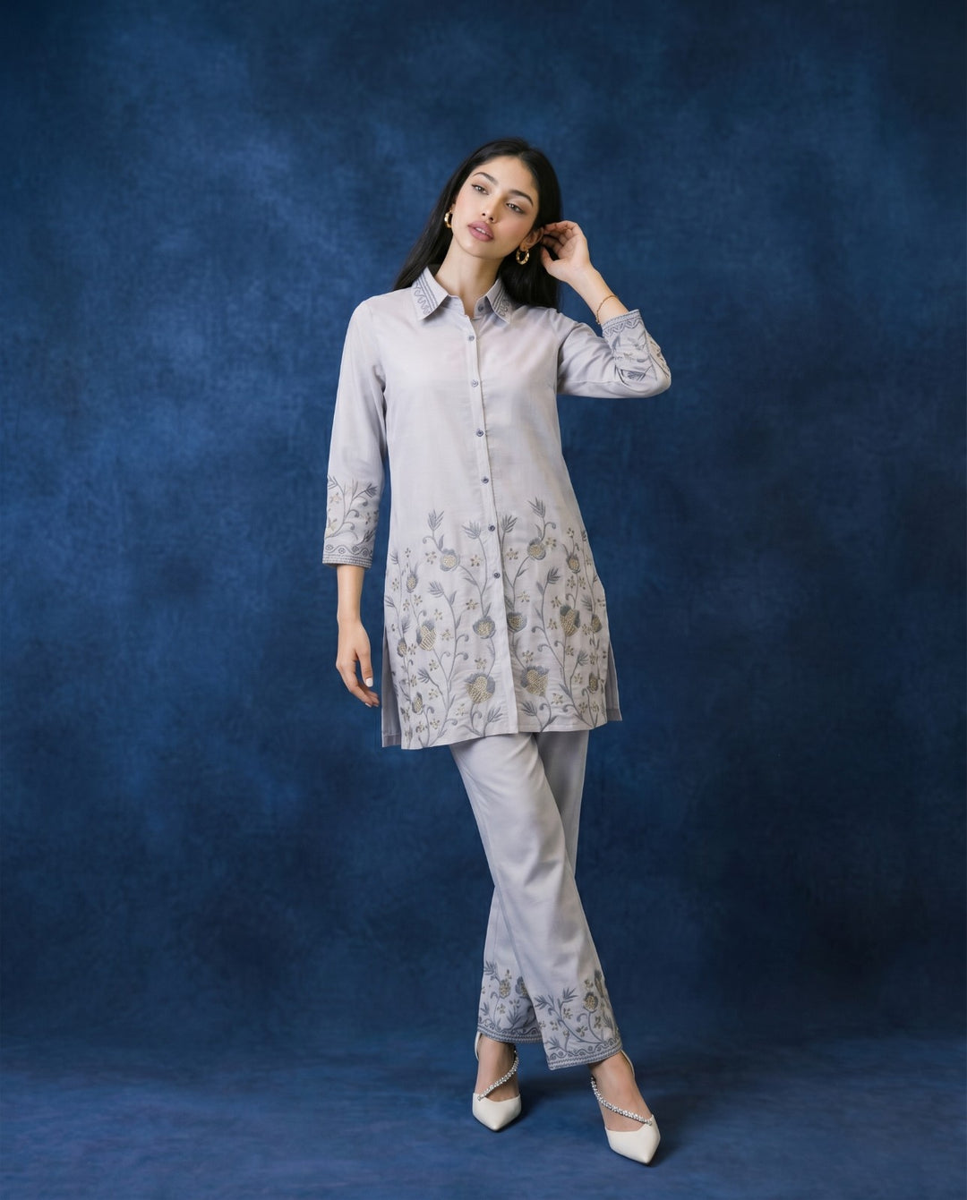 Light Grey Embroidered Viscose Blended Co-Ord Set
