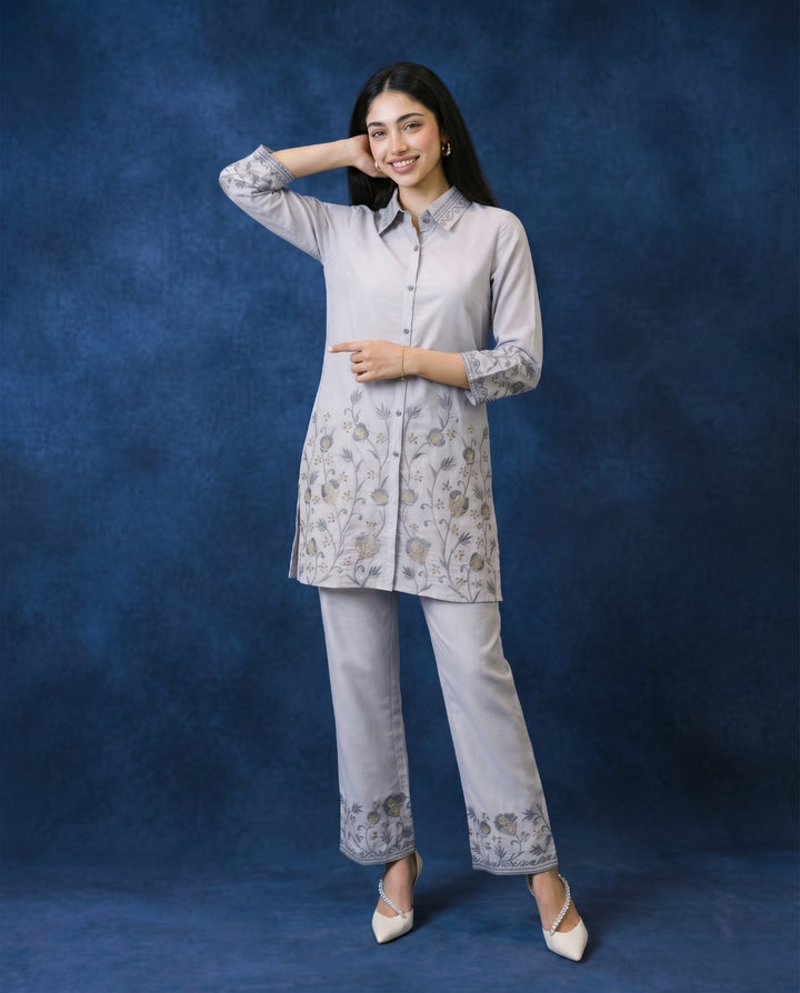 Light Grey Embroidered Viscose Blended Co-Ord Set
