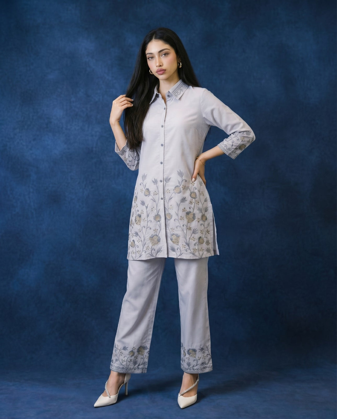 Light Grey Embroidered Viscose Blended Co-Ord Set