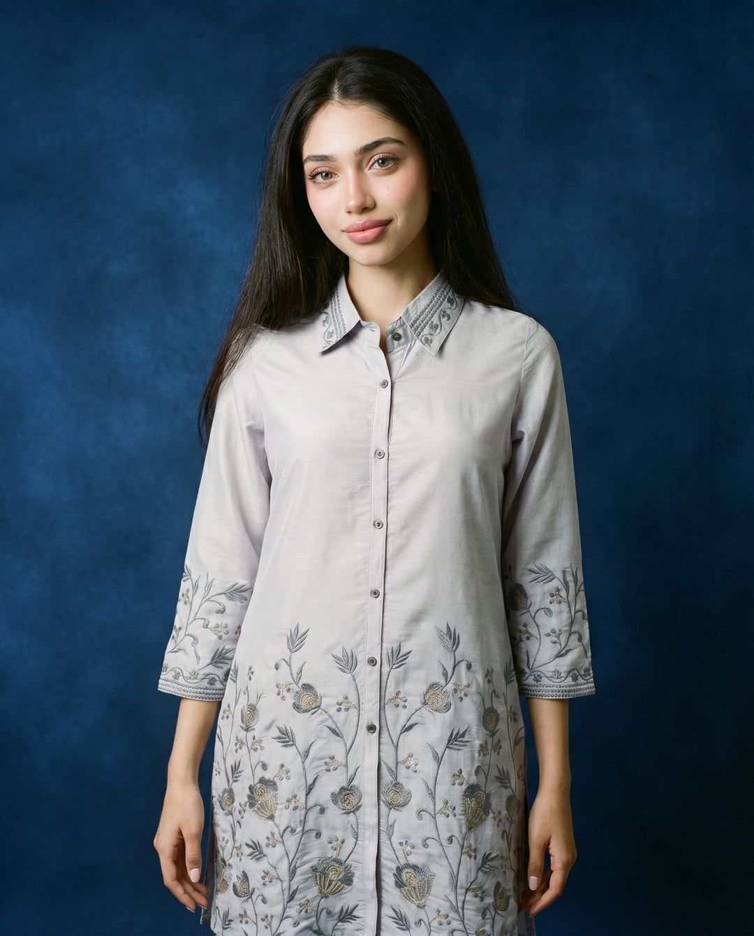 Light Grey Embroidered Viscose Blended Co-Ord Set
