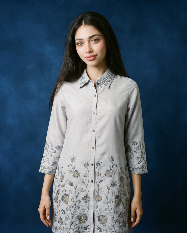 Light Grey Embroidered Viscose Blended Co-Ord Set