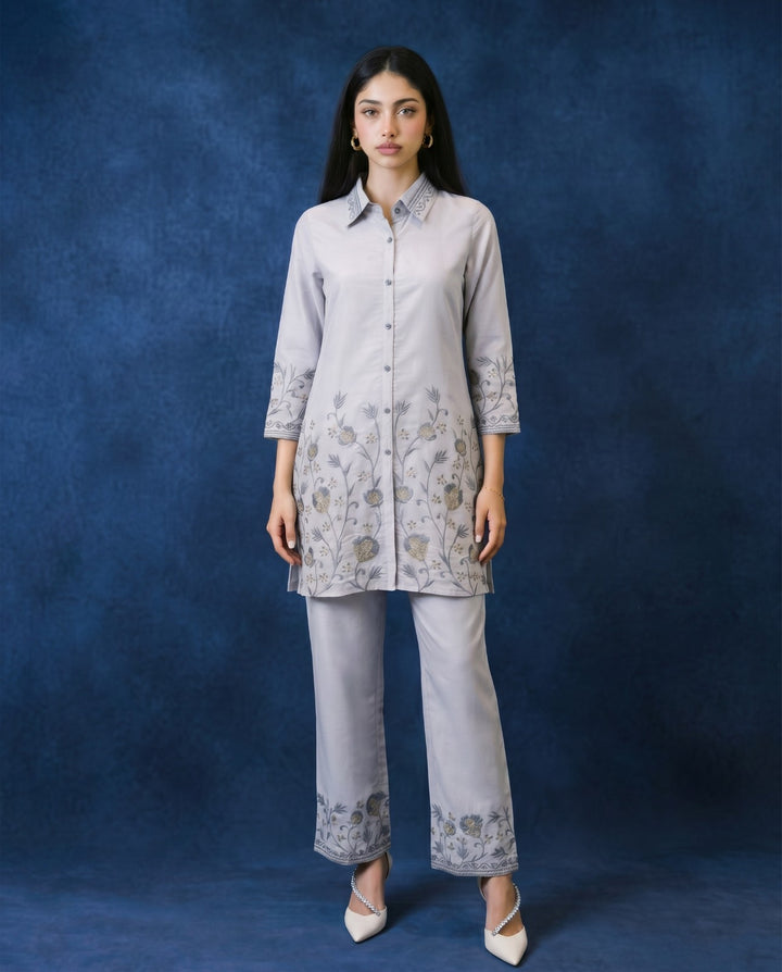 Light Grey Embroidered Viscose Blended Co-Ord Set