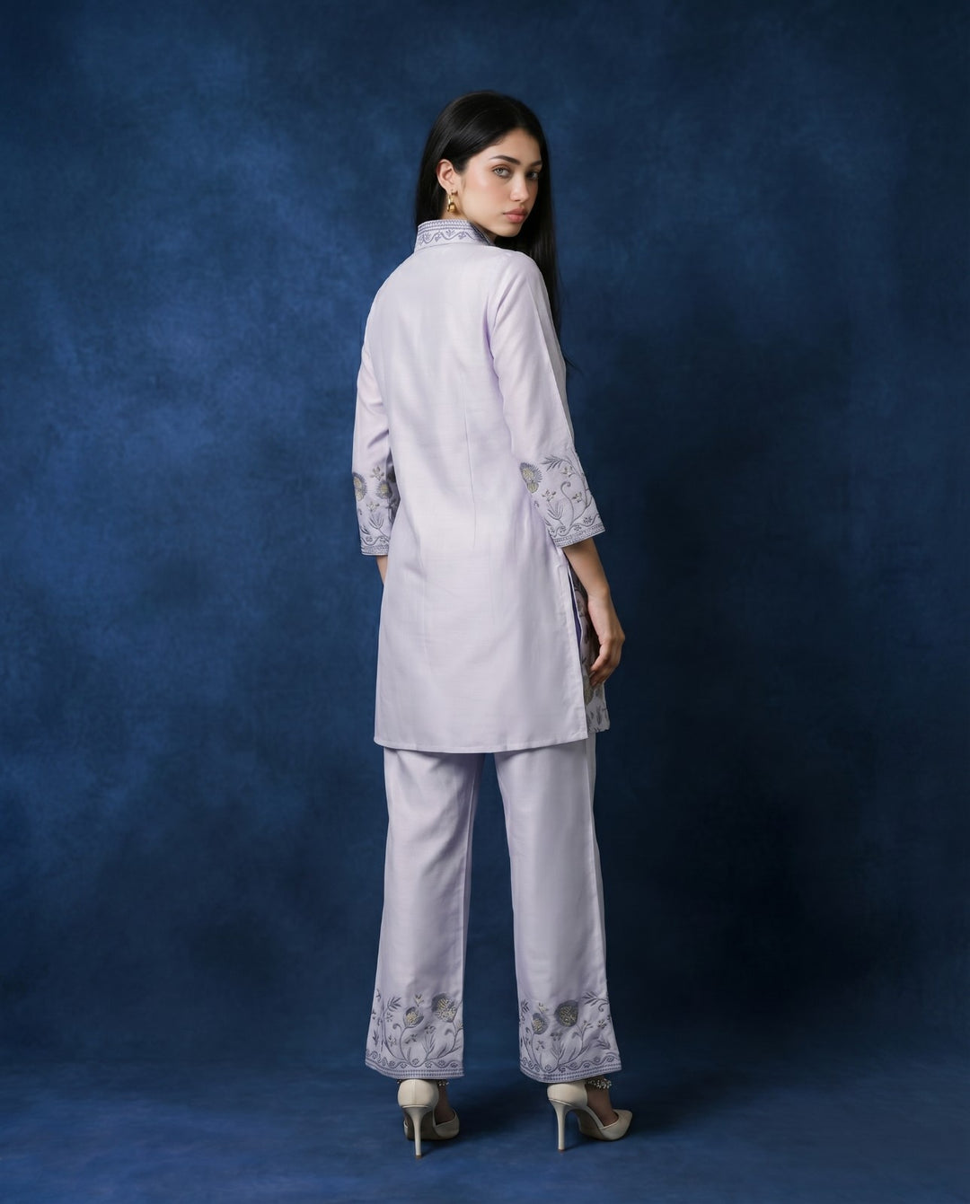 Light Grey Embroidered Viscose Blended Co-Ord Set