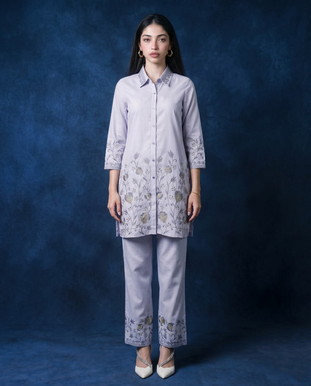Light Grey Embroidered Viscose Blended Co-Ord Set
