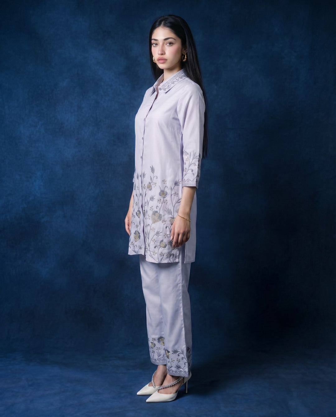 Light Grey Embroidered Viscose Blended Co-Ord Set