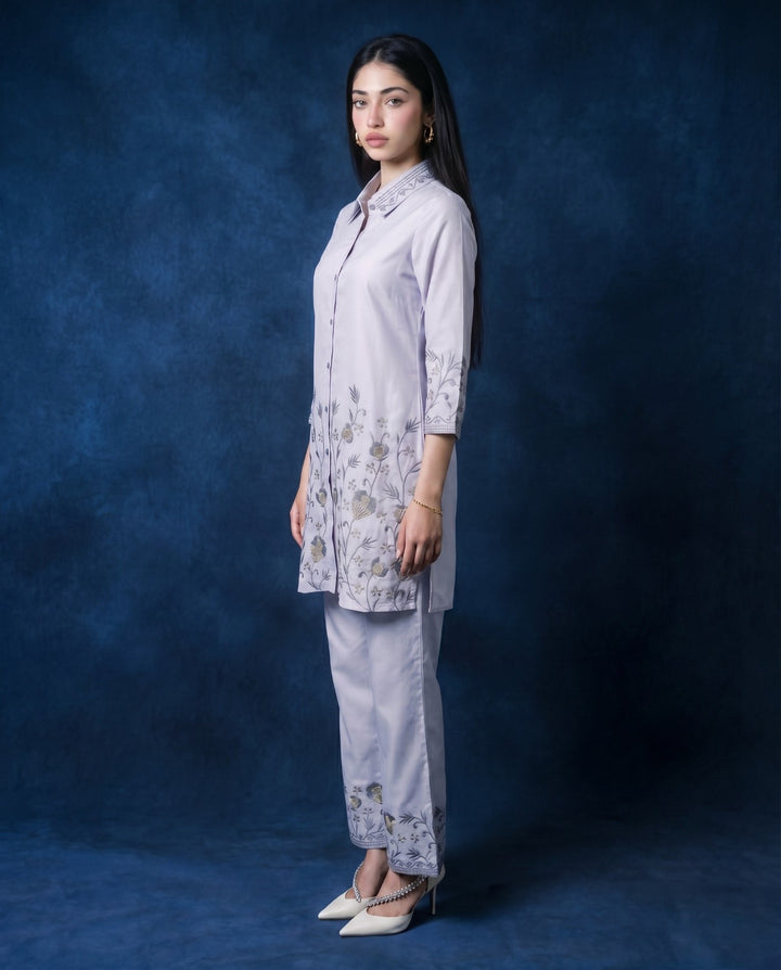 Light Grey Embroidered Viscose Blended Co-Ord Set