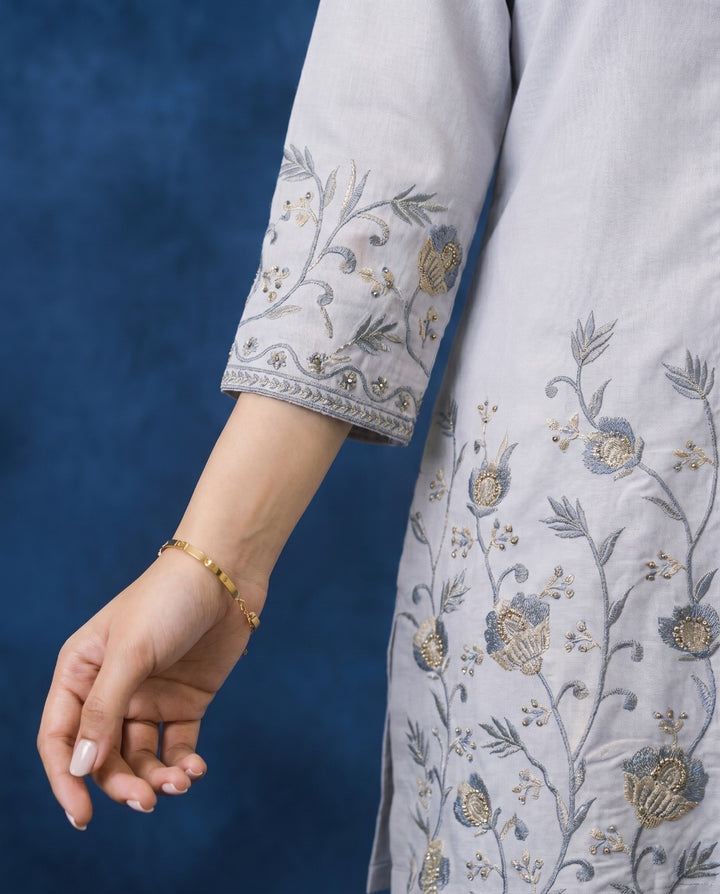 Light Grey Embroidered Viscose Blended Co-Ord Set