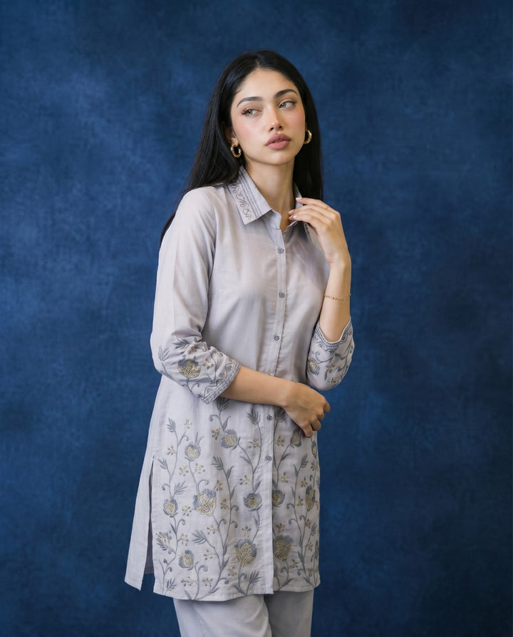 Light Grey Embroidered Viscose Blended Co-Ord Set