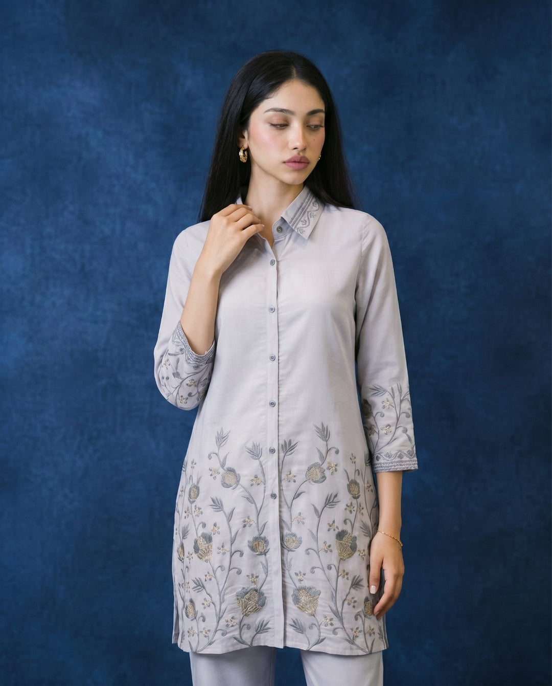 Light Grey Embroidered Viscose Blended Co-Ord Set