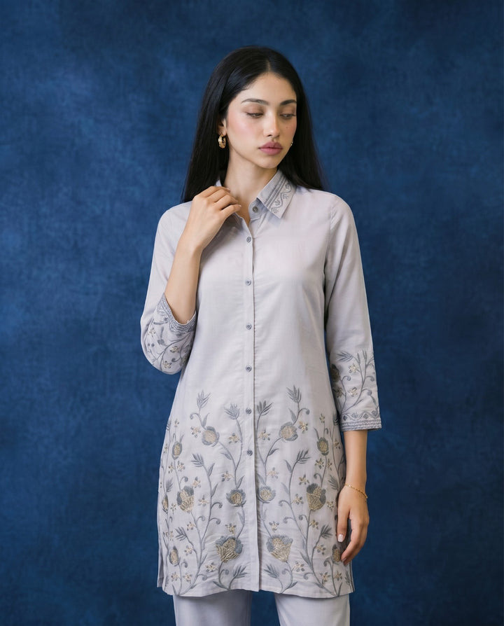 Light Grey Embroidered Viscose Blended Co-Ord Set