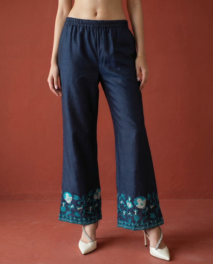 Navy Embroidered Cotton Blended Co-Ord Set
