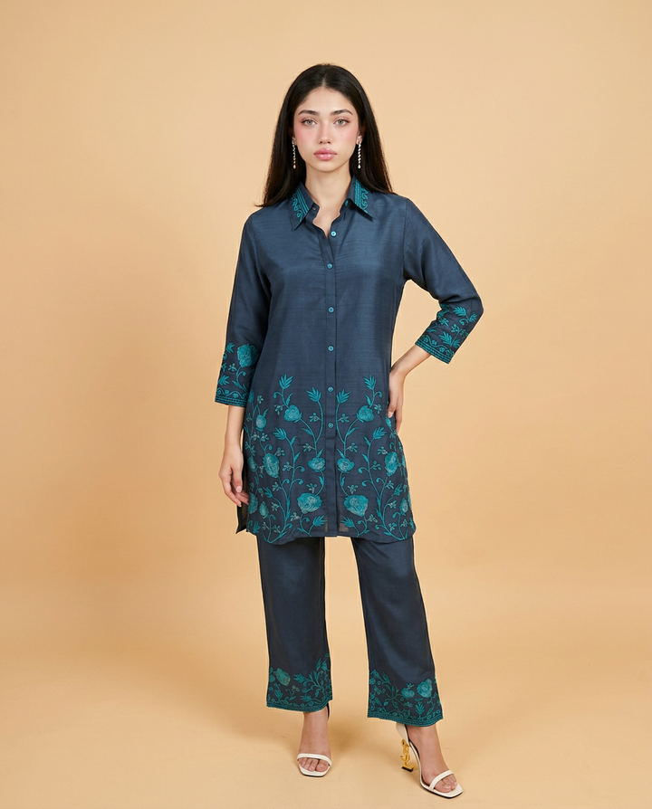 Navy Embroidered Cotton Blended Co-Ord Set