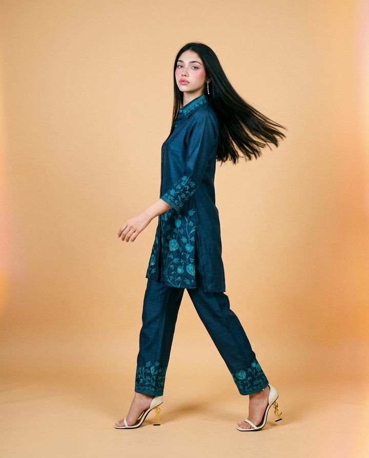 Navy Embroidered Cotton Blended Co-Ord Set