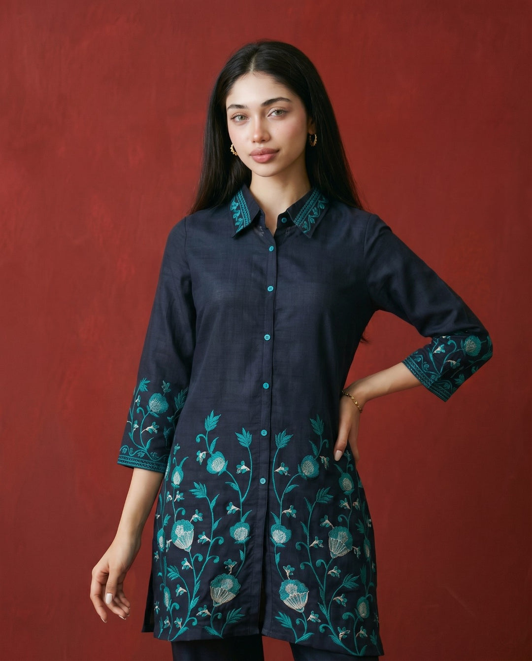 Navy Embroidered Cotton Blended Co-Ord Set