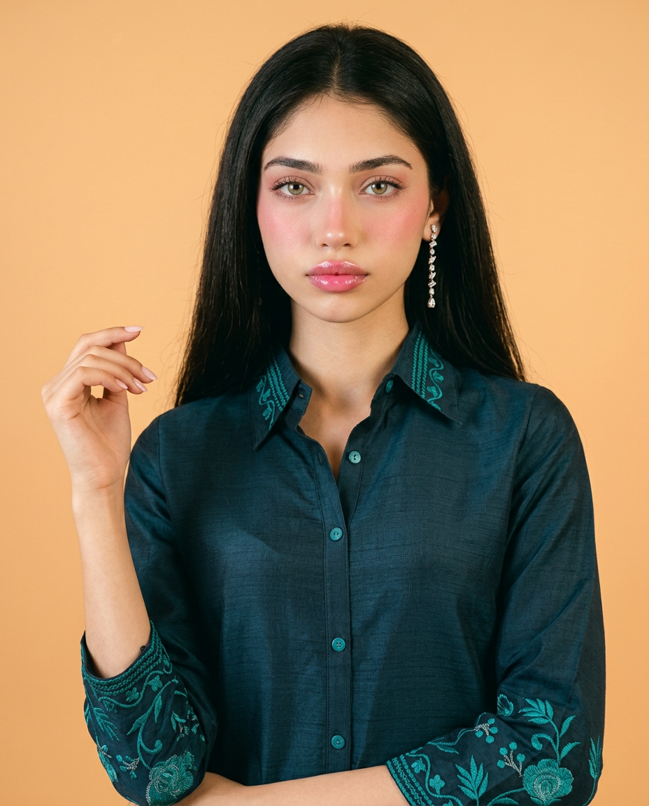 Navy Embroidered Cotton Blended Co-Ord Set