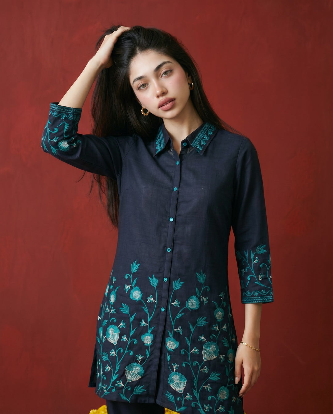 Navy Embroidered Cotton Blended Co-Ord Set