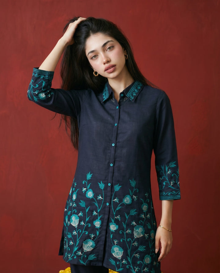 Navy Embroidered Cotton Blended Co-Ord Set