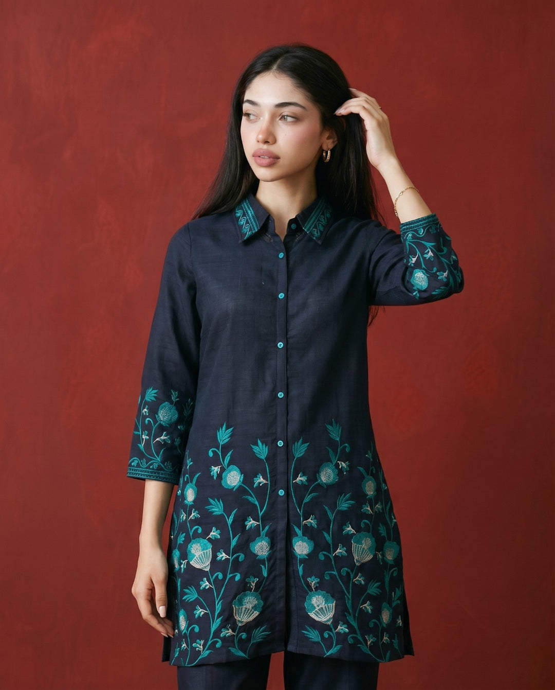 Navy Embroidered Cotton Blended Co-Ord Set