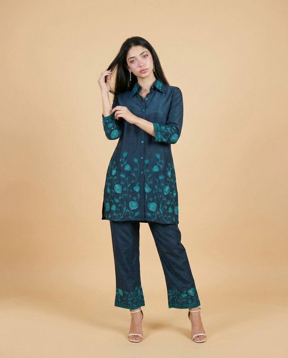Navy Embroidered Cotton Blended Co-Ord Set