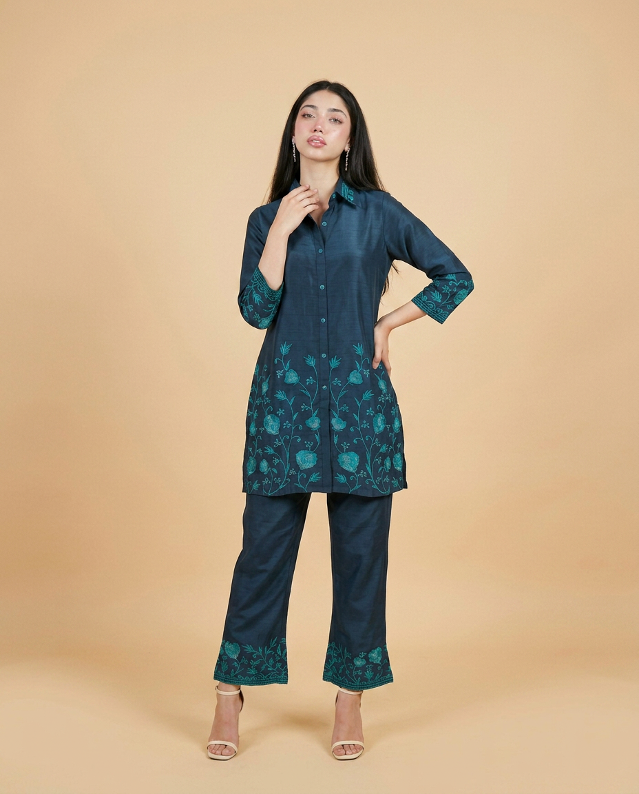 Navy Embroidered Cotton Blended Co-Ord Set