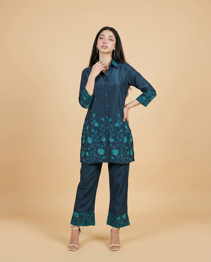 Navy Embroidered Cotton Blended Co-Ord Set