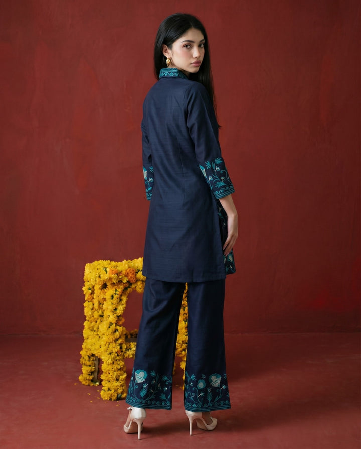 Navy Embroidered Cotton Blended Co-Ord Set